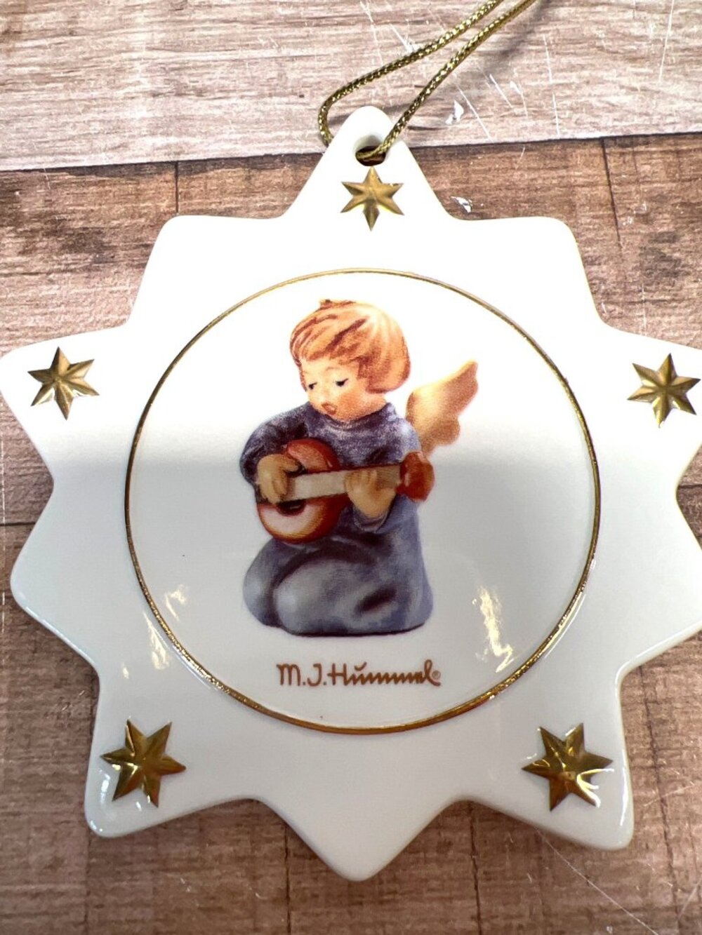 M.J. Hummel Porcelain Star Ornament With Angel Playing Mandolin & Gold Stars